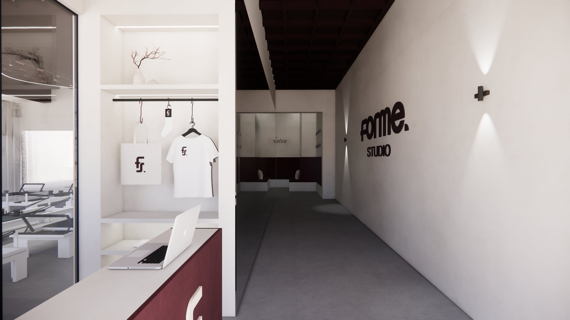 Een render van de inkom van de studio, met de balie en het logo op de muur